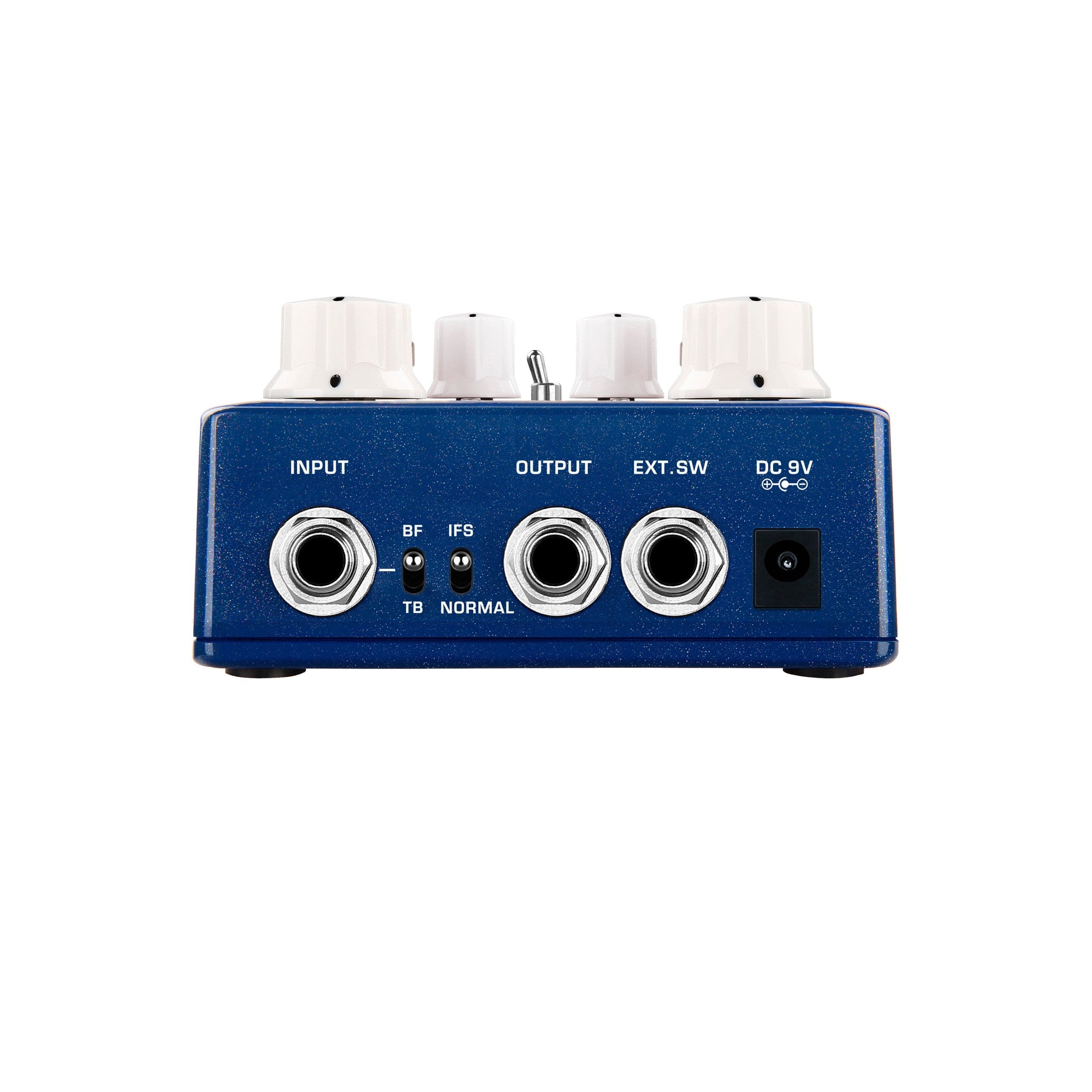 NUX Queen of tones stompbox IO view with input output EXT.SW plug BF and TB switch, IFS and Normal switch