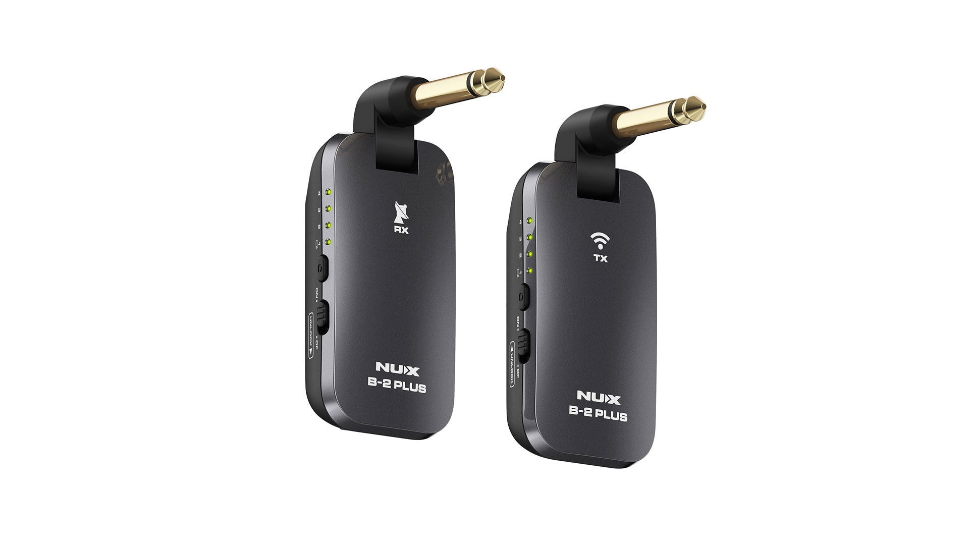 Sistem wireless gitar NUX B-2 Plus hitam dengan desain transmitter dan receiver lipat