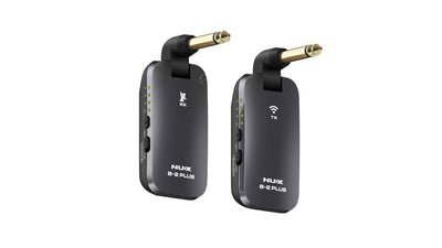 Sistem wireless gitar NUX B-2 Plus hitam dengan desain transmitter dan receiver lipat